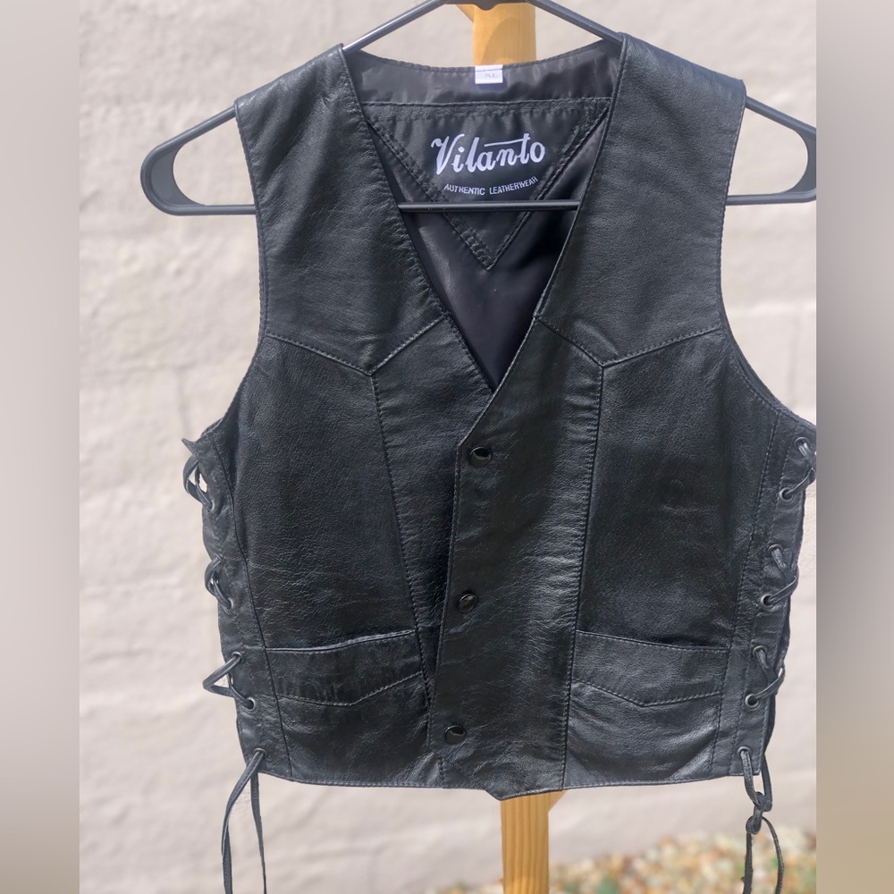 Vintage 90s grunge punk biker black leather side lace up leather vest - Picture 10 of 11